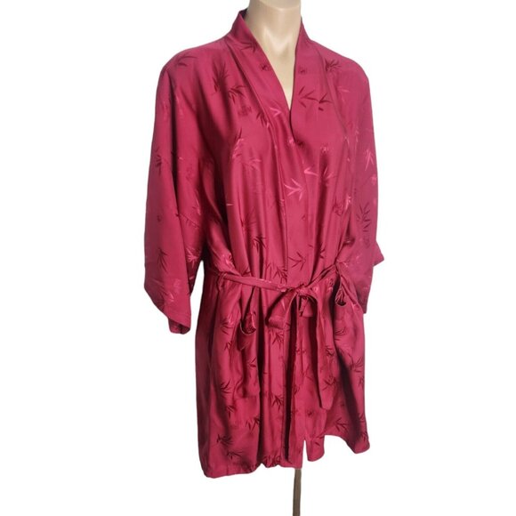 Vintage Jade Lantern Burgundy Silk Short Leaves Leaf Print Robe Size Large - Picture 3 of 10